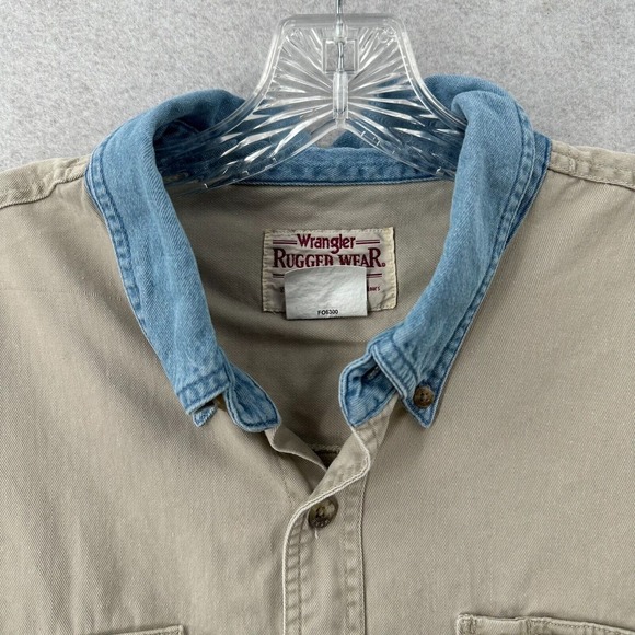 VTG 90s Wrangler Rugged Wear Shirt Mens 2XT Beige Denim Collar Elbow Patches - Picture 6 of 13